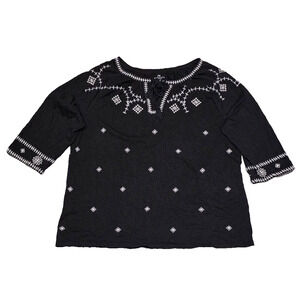 Talbots Tunic Top Shirt Women's Black White Embroidered 3/4 Sleeve 1X A004747